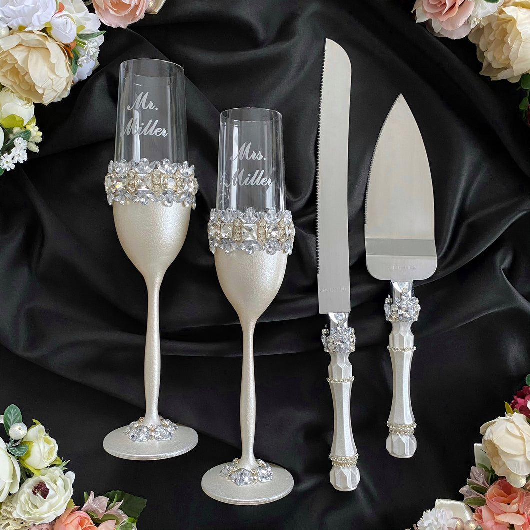 Silver wedding glasses for bride and groom, wedding cake server sets