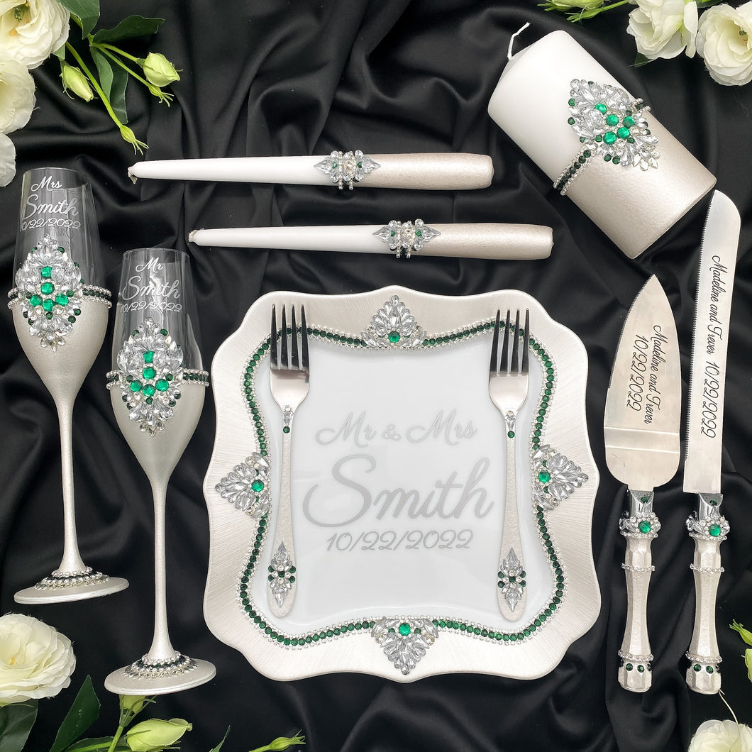 Silver wedding cake cutting set, wedding glasses for bride and groom, wedding plate & forks, unity candles