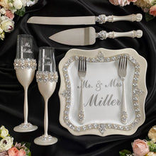 Load image into Gallery viewer, Silver wedding glasses for bride and groom, wedding cake server sets &amp; cake plate with forks
