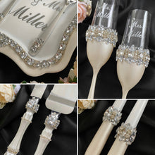 Load image into Gallery viewer, Silver wedding glasses for bride and groom, wedding cake server sets &amp; cake plate with forks
