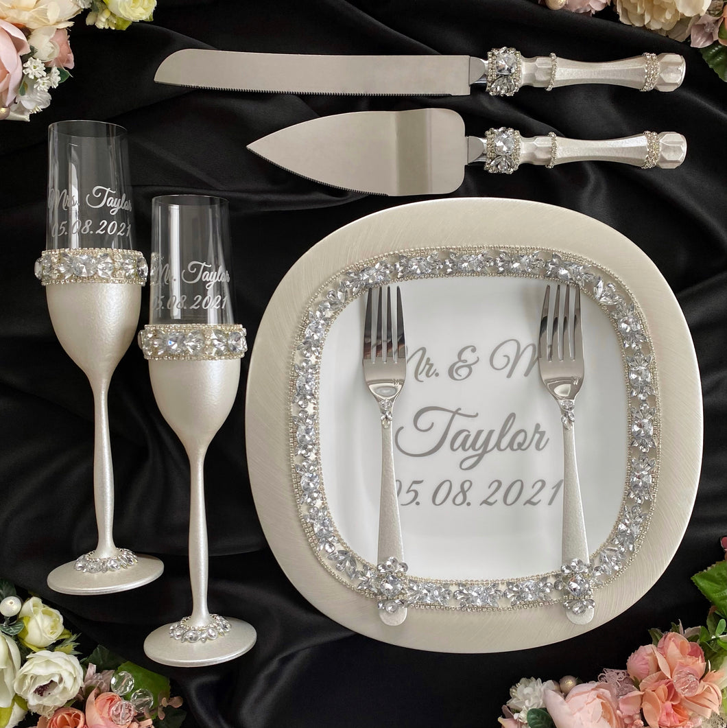 Silver wedding glasses for bride and groom, cake serving set, wedding plate&knife