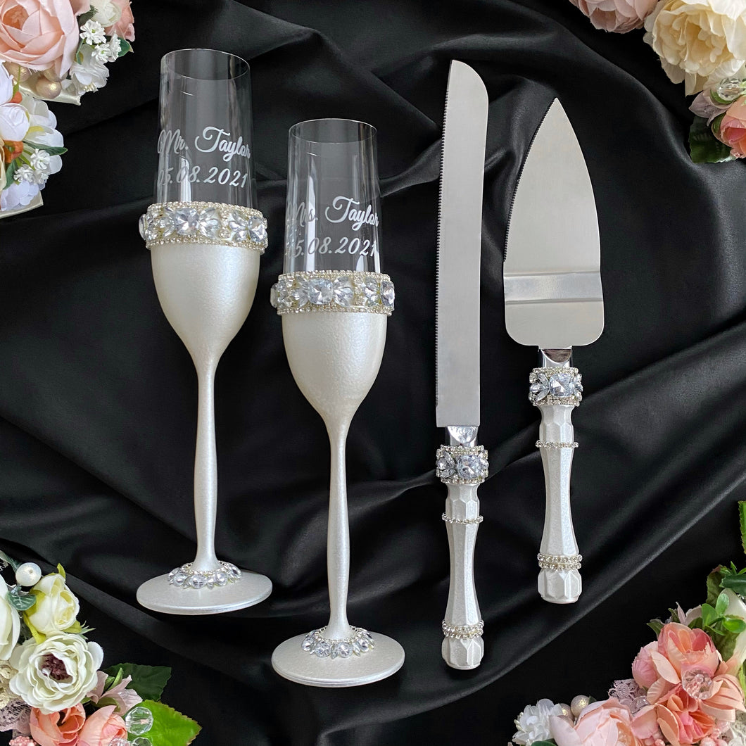 Silver wedding glasses for bride and groom, cake serving set