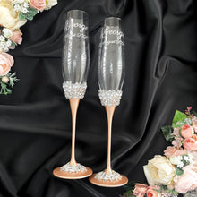 Load image into Gallery viewer, Beige wedding flutes for bride and groom, wedding cake server sets, wedding cake plate and forks, unity candles
