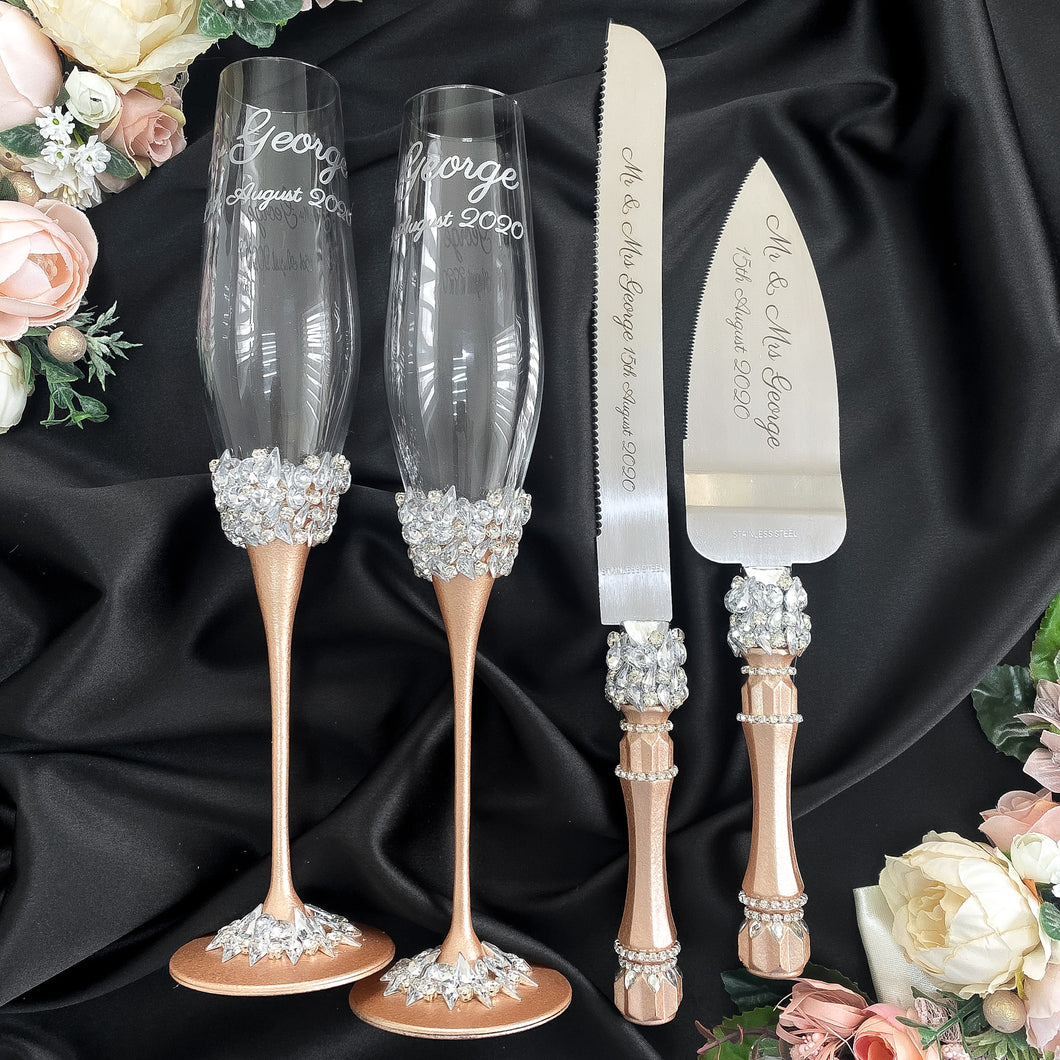 Beige wedding flutes for bride and groom, wedding cake server sets