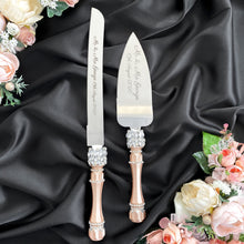Load image into Gallery viewer, Beige wedding flutes for bride and groom, wedding cake server sets
