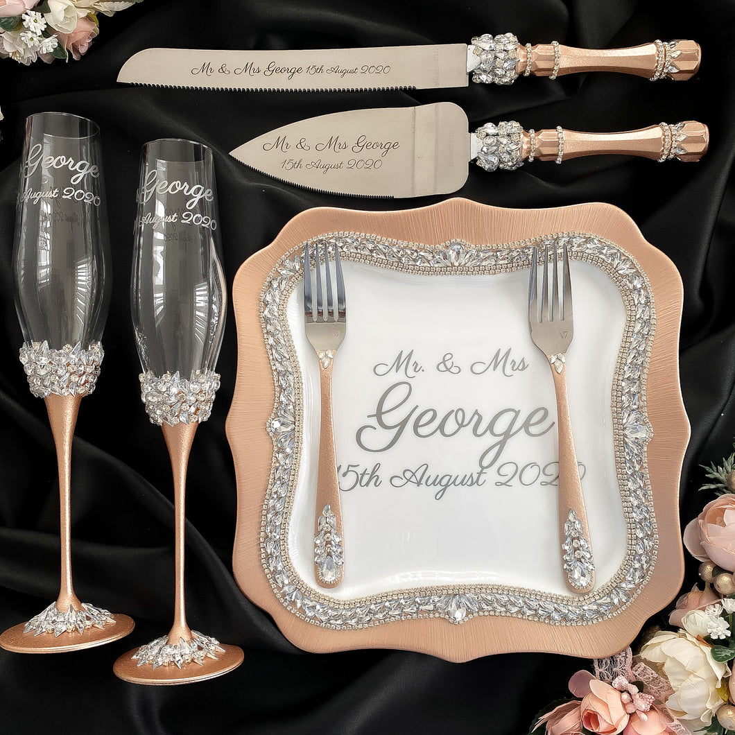 Beige wedding flutes for bride and groom, wedding cake server sets, wedding cake plate and forks