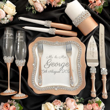 Load image into Gallery viewer, Beige wedding flutes for bride and groom, wedding cake server sets, wedding cake plate and forks, unity candles
