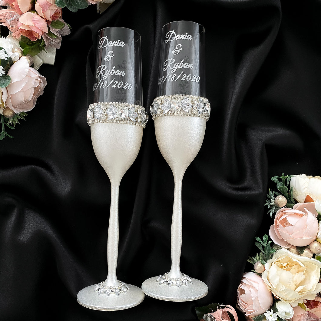 Silver wedding flutes for bride and groom