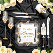 Load image into Gallery viewer, Black wedding cake cutting set, wedding glasses for bride and groom, wedding plate &amp; forks, unity candles
