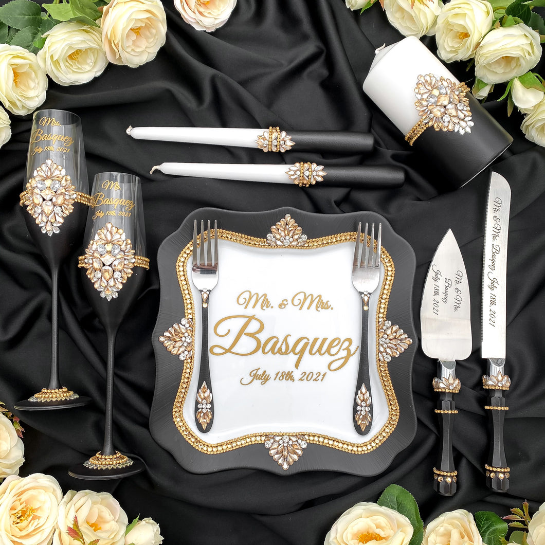 Black wedding cake cutting set, wedding glasses for bride and groom, wedding plate & forks, unity candles