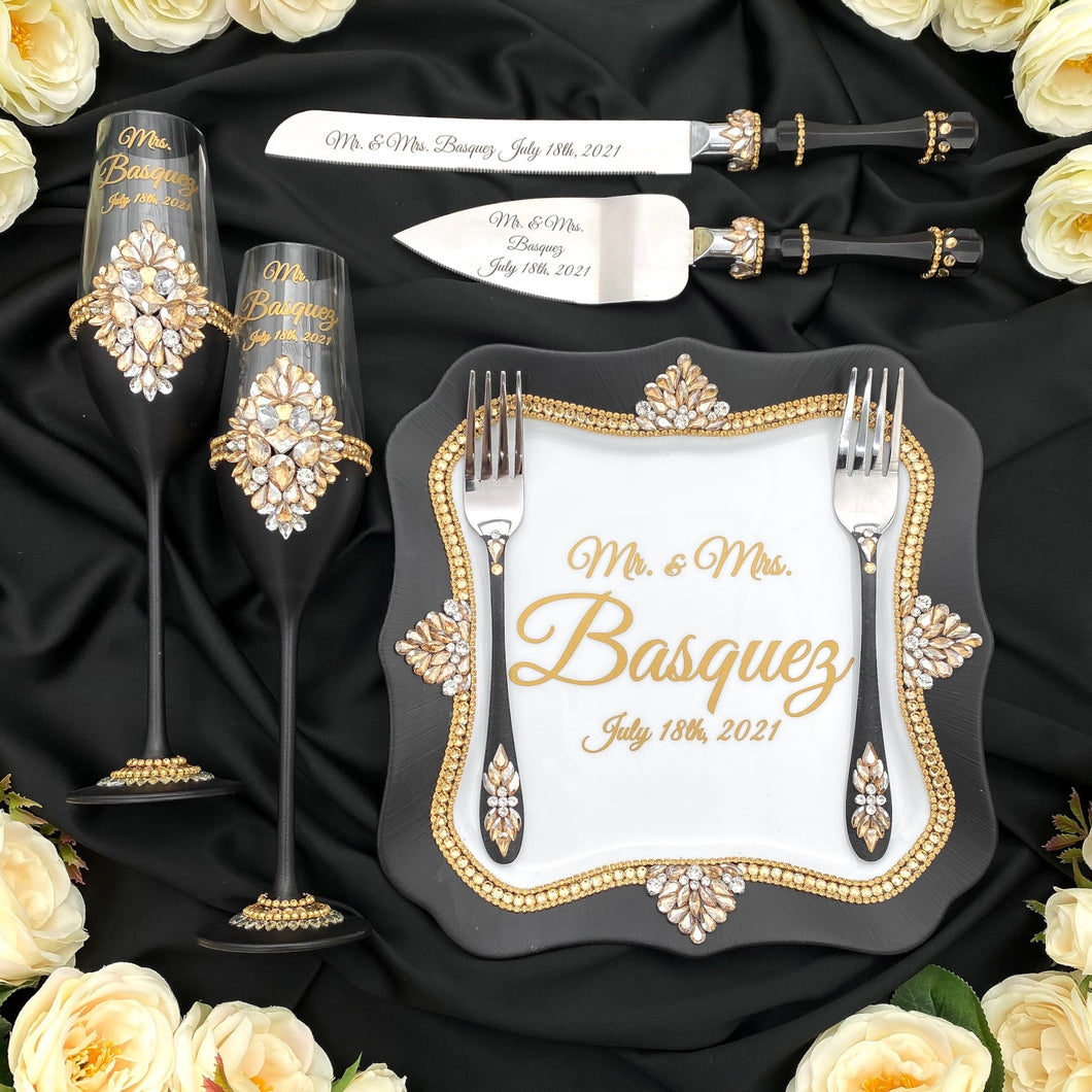 Black wedding cake cutting set, wedding glasses for bride and groom, wedding plate & forks