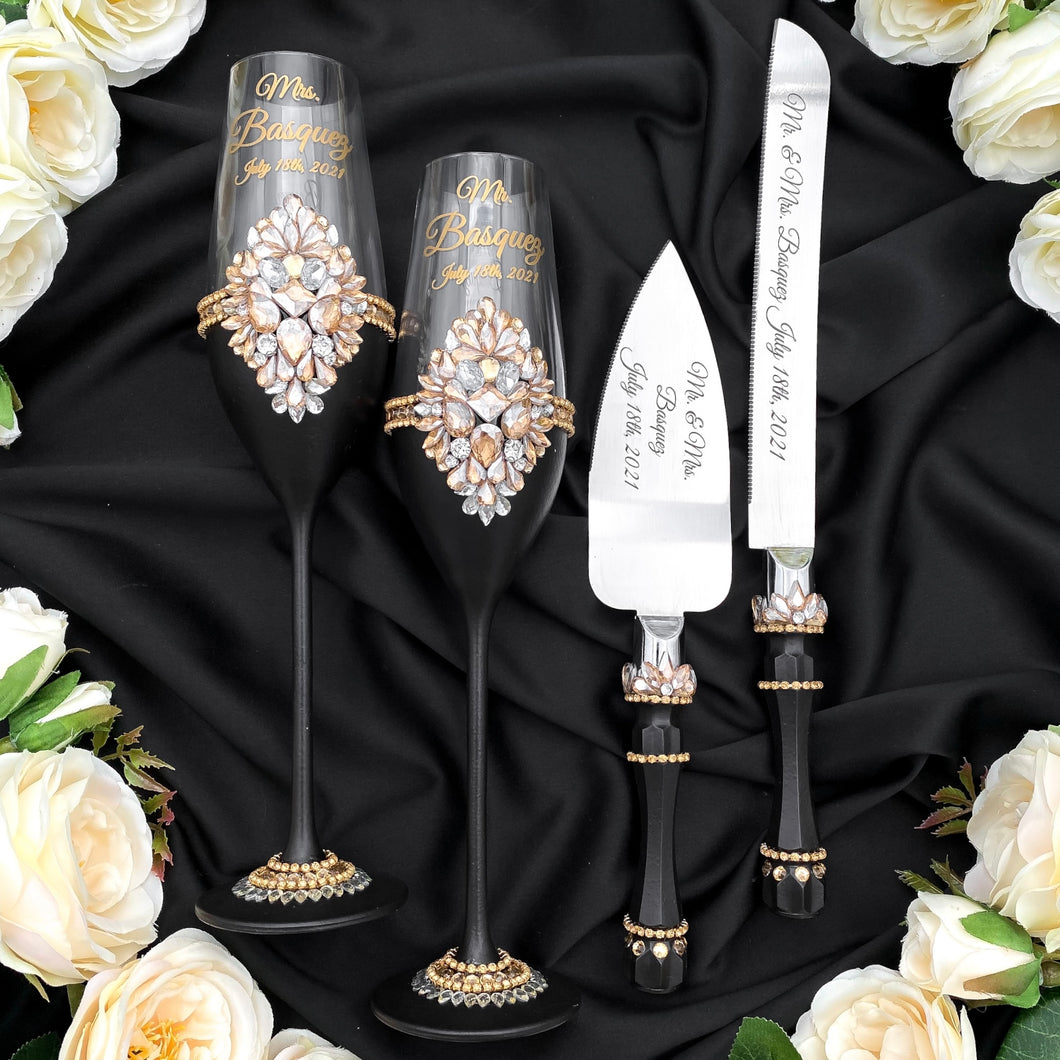 Black wedding cake cutting set, wedding glasses for bride and groom
