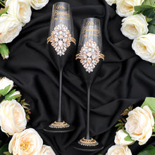 Load image into Gallery viewer, Black wedding cake cutting set, wedding glasses for bride and groom, wedding plate &amp; forks
