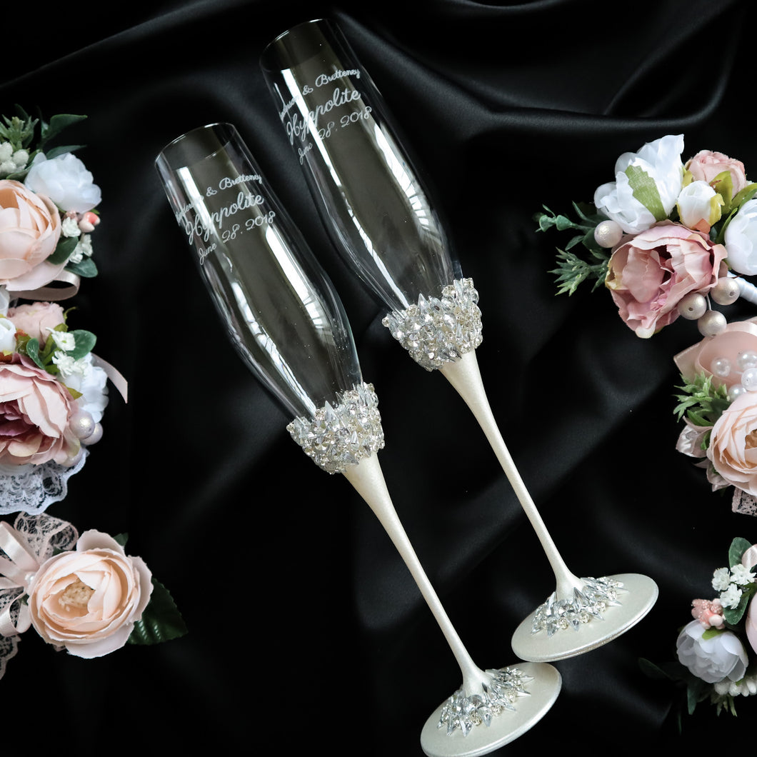 Silver wedding flutes for bride and groom