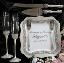 Load image into Gallery viewer, Silver wedding flutes for bride and groom, wedding cake server sets, wedding cake plate, unity candles
