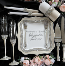 Load image into Gallery viewer, Silver wedding flutes for bride and groom, wedding cake server sets, wedding cake plate
