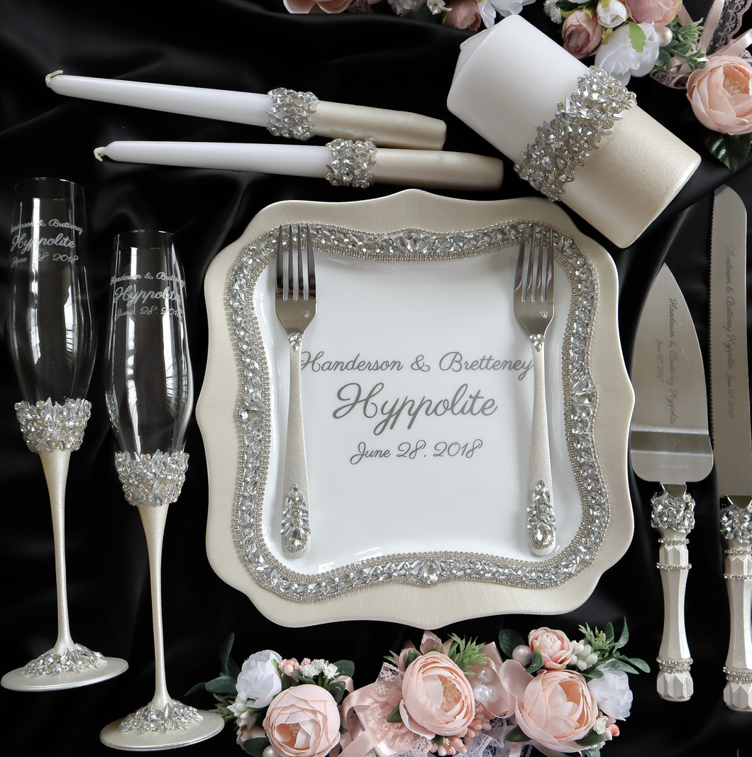 Silver wedding flutes for bride and groom, wedding cake server sets, wedding cake plate, unity candles