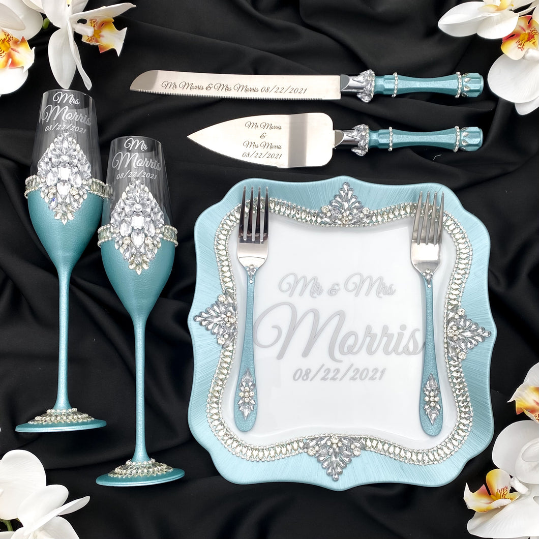 Tiffany wedding cake cutting set, wedding glasses for bride and groom, wedding plate & forks, unity candles