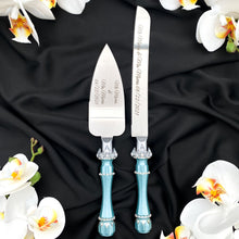 Load image into Gallery viewer, Tiffany wedding cake cutting set, wedding glasses for bride and groom, wedding plate &amp; forks
