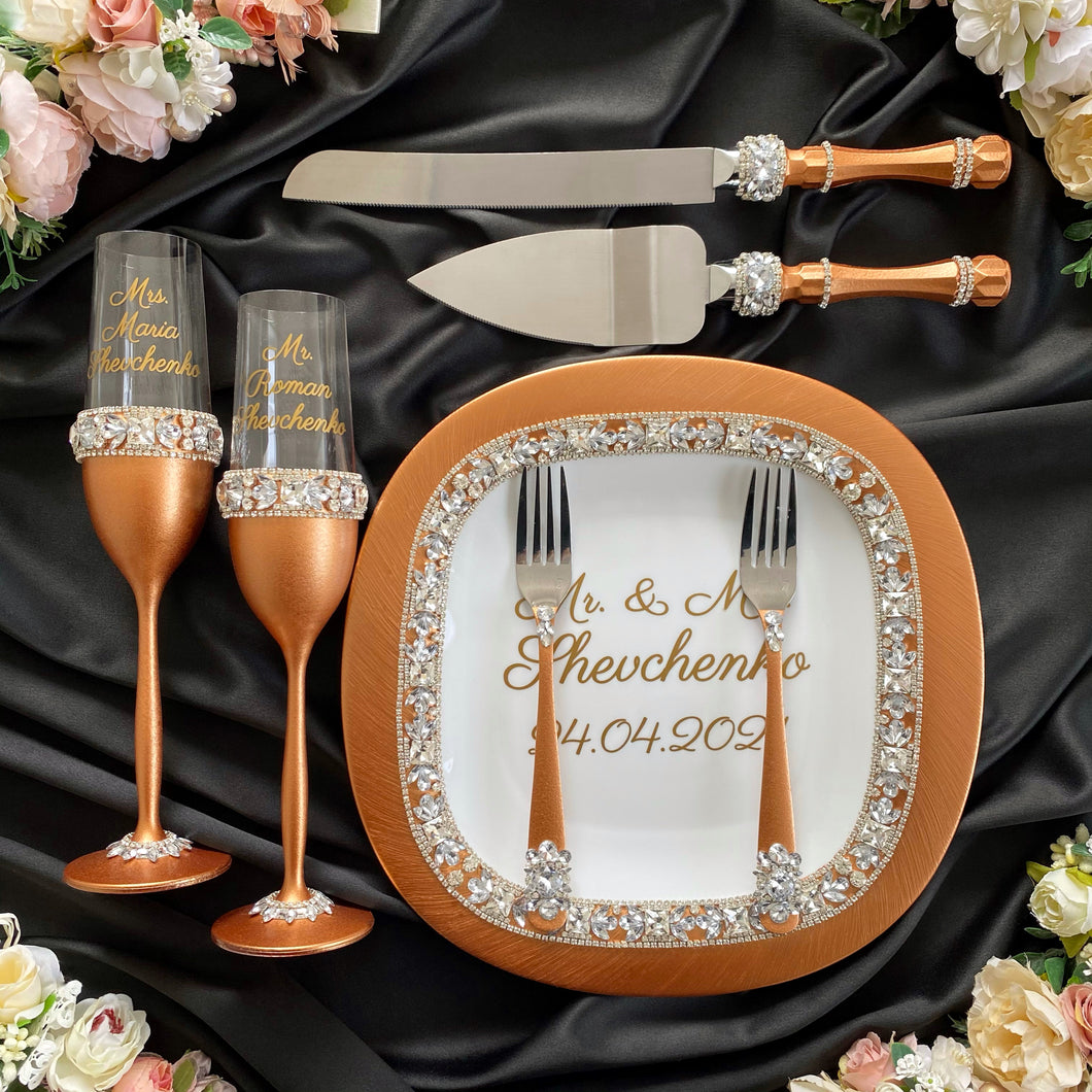 Bronze wedding glasses for bride and groom cake serving set, wedding plate&knife