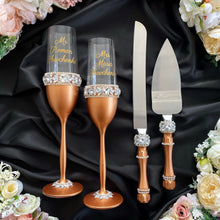 Load image into Gallery viewer, Bronze wedding glasses for bride and groom cake serving set, wedding plate&amp;knife
