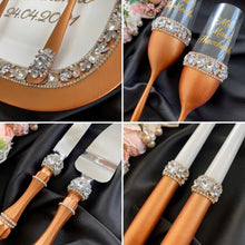 Load image into Gallery viewer, Bronze wedding glasses for bride and groom cake serving set, wedding plate&amp;knife
