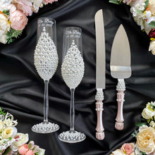 Load image into Gallery viewer, Powdery pearl wedding glasses for bride and groom, wedding cake cutting set, wedding plate and forks, unity candles
