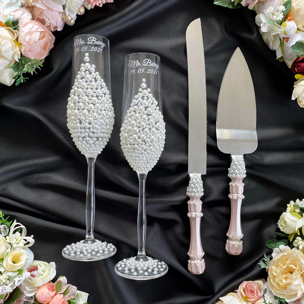 Powdery pearl wedding glasses for bride and groom, wedding cake cutting set