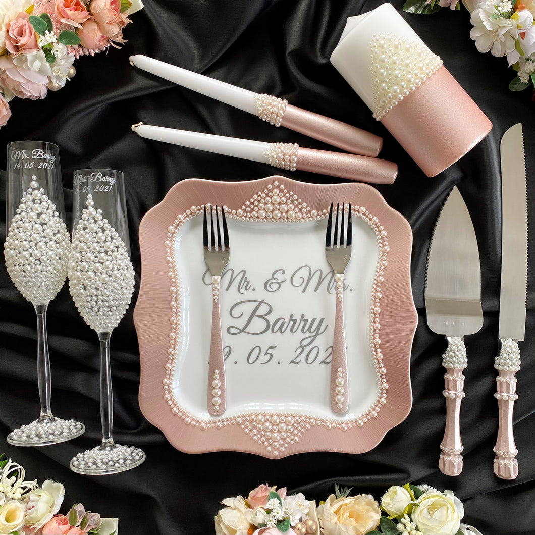 Powdery pearl wedding glasses for bride and groom, wedding cake cutting set, wedding plate and forks, unity candles