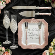 Load image into Gallery viewer, Powdery pearl wedding glasses for bride and groom, wedding cake cutting set, wedding plate and forks
