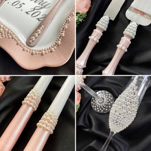 Load image into Gallery viewer, Powdery pearl wedding glasses for bride and groom, wedding cake cutting set, wedding plate and forks, unity candles
