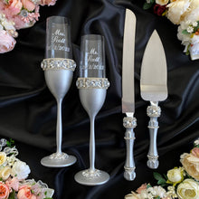 Load image into Gallery viewer, Gray wedding glasses for bride and groom cake serving set, wedding plate&amp;knife, unity candles
