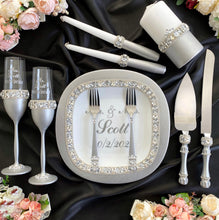 Load image into Gallery viewer, Gray wedding glasses for bride and groom cake serving set, wedding plate&amp;knife, unity candles

