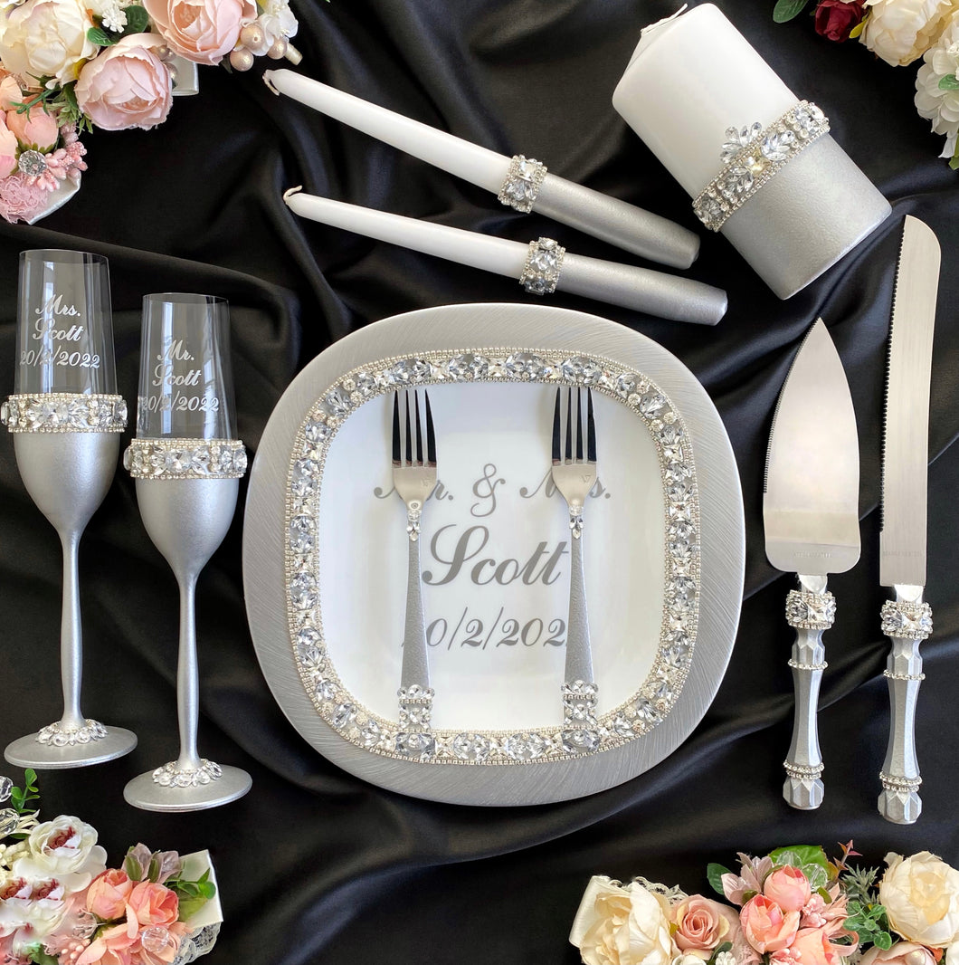 Gray wedding glasses for bride and groom cake serving set, wedding plate&knife, unity candles