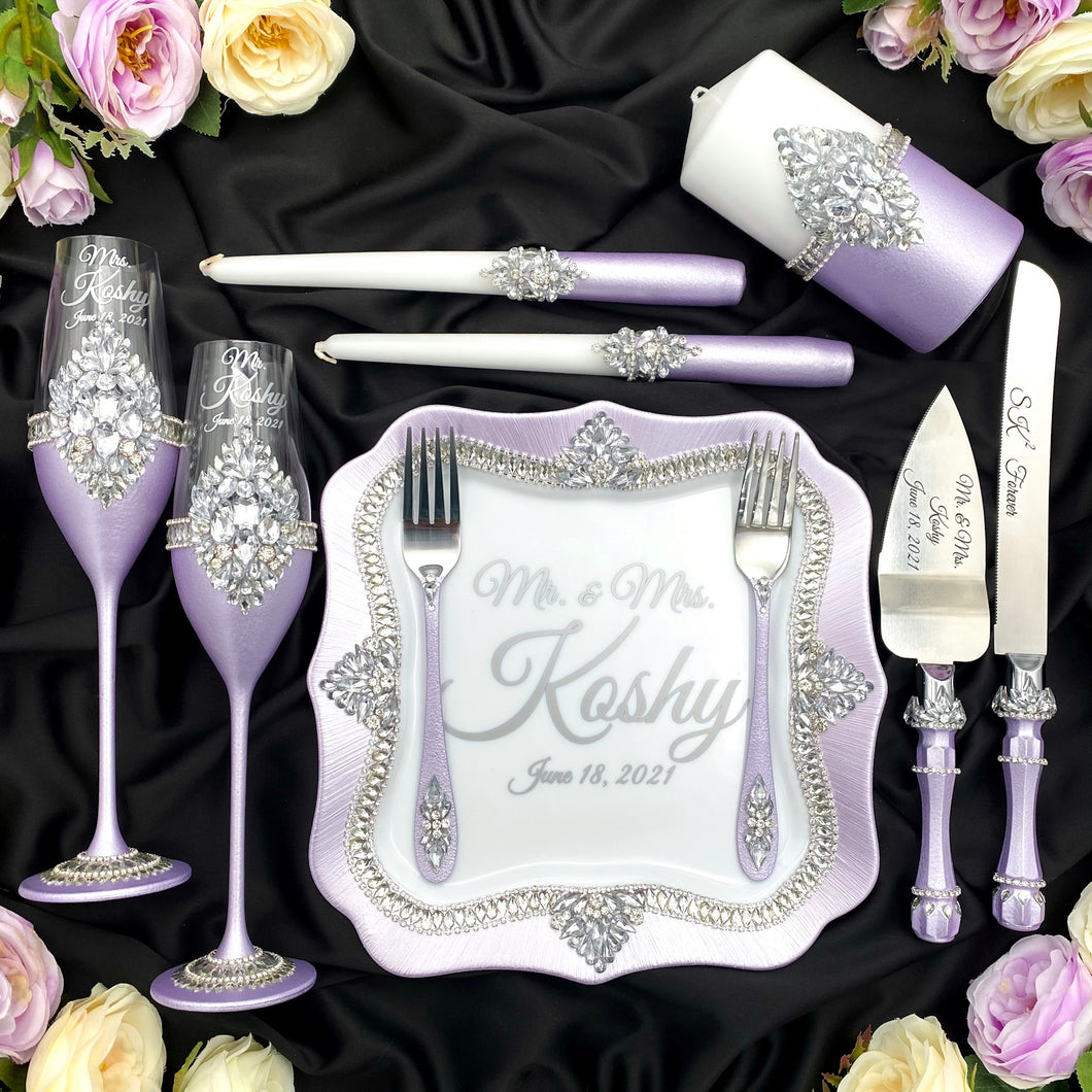 Purple wedding cake cutting set, wedding glasses for bride and groom, wedding plate & forks, unity candles