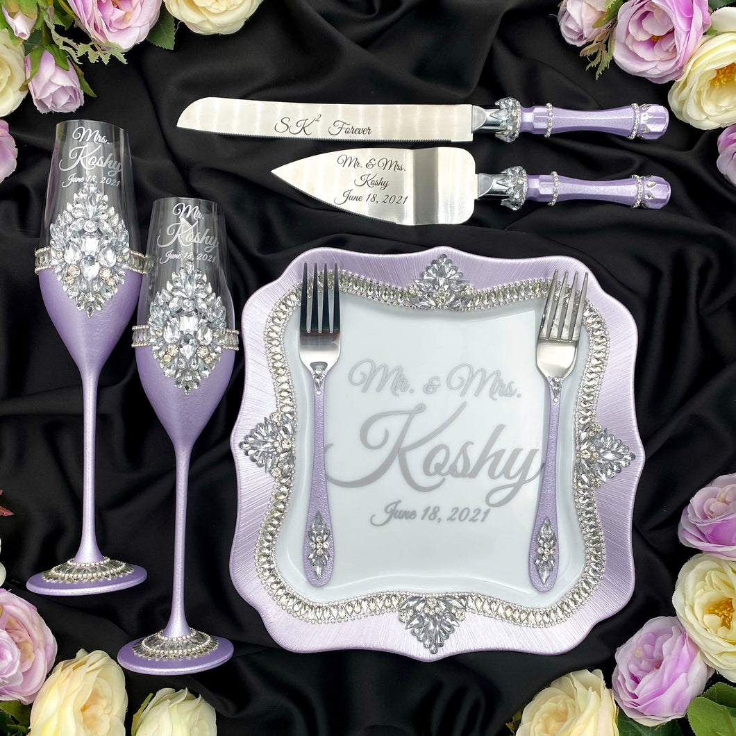Purple wedding cake cutting set, wedding glasses for bride and groom, wedding plate & forks