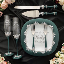 Load image into Gallery viewer, Emerald wedding glasses for bride and groom, cake knife and server, wedding plate, unity candles
