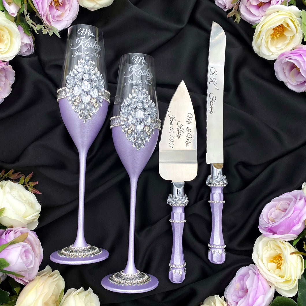 Purple wedding cake cutting set, wedding glasses for bride and groom