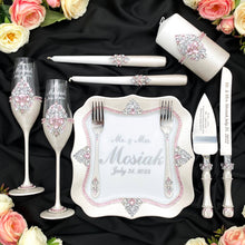 Load image into Gallery viewer, Silver pink wedding glasses for bride and groom, wedding cake server sets &amp; cake plate
