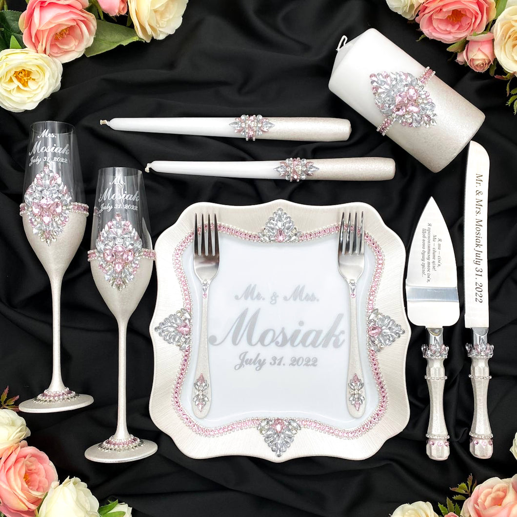 Silver pink wedding glasses for bride and groom, wedding cake server sets & cake plate, unity candles