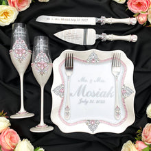 Load image into Gallery viewer, Silver pink wedding glasses for bride and groom, wedding cake server sets &amp; cake plate, unity candles
