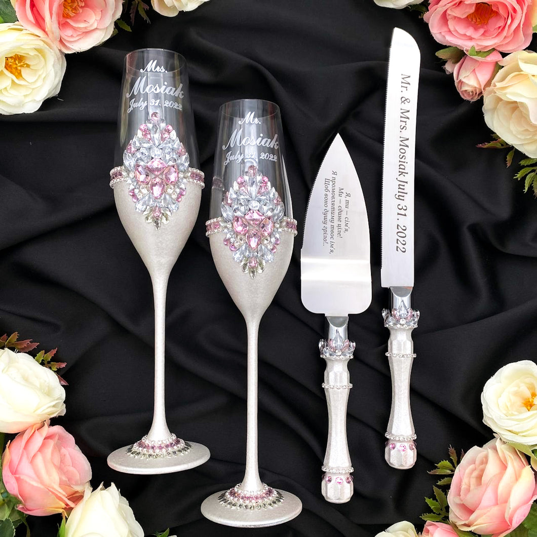 Silver pink wedding glasses for bride and groom, wedding cake server sets