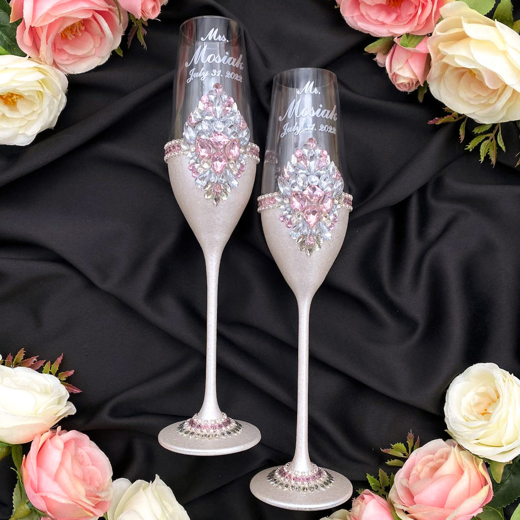 Silver pink wedding glasses for bride and groom