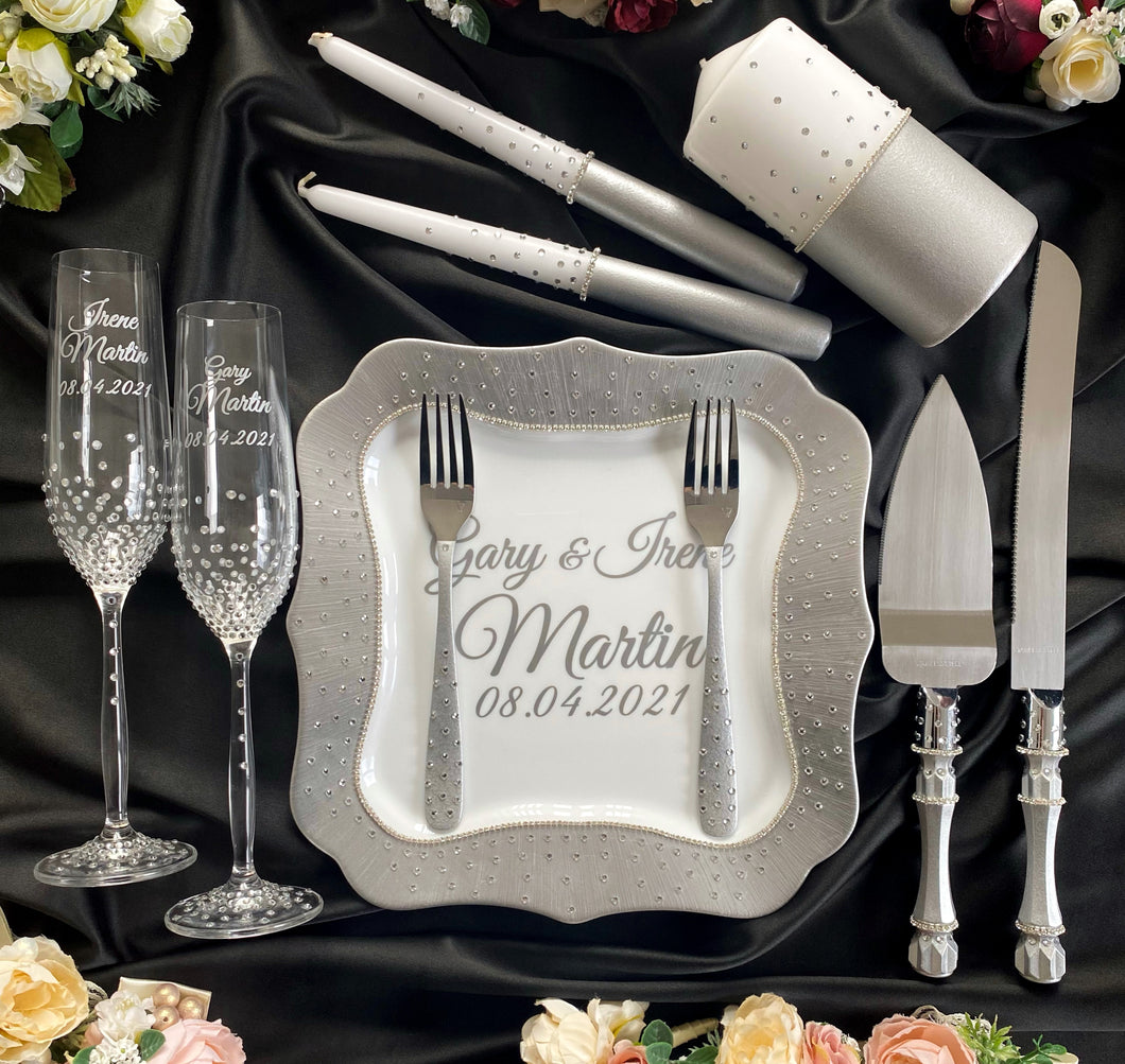Gray wedding cake cutting set, wedding glasses for bride and groom, wedding plate & forks, unity candles