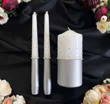 Load image into Gallery viewer, Gray wedding glasses for bride and groom, wedding cake cutting set, wedding plate and forks, unity candles
