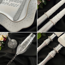 Load image into Gallery viewer, Gray wedding glasses for bride and groom, wedding cake cutting set
