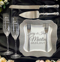 Load image into Gallery viewer, Gray wedding cake cutting set, wedding glasses for bride and groom, wedding plate &amp; forks, unity candles
