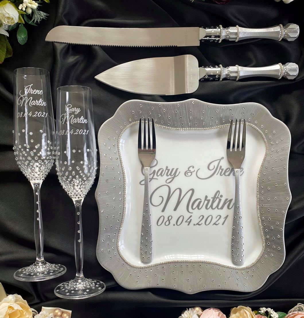 Gray wedding glasses for bride and groom, wedding cake cutting set, wedding plate and forks