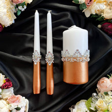 Load image into Gallery viewer, Bronze wedding glasses for bride and groom, cake knife and server, wedding plate, unity candles
