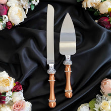 Load image into Gallery viewer, Bronze wedding glasses for bride and groom, cake knife and server, wedding plate and forks
